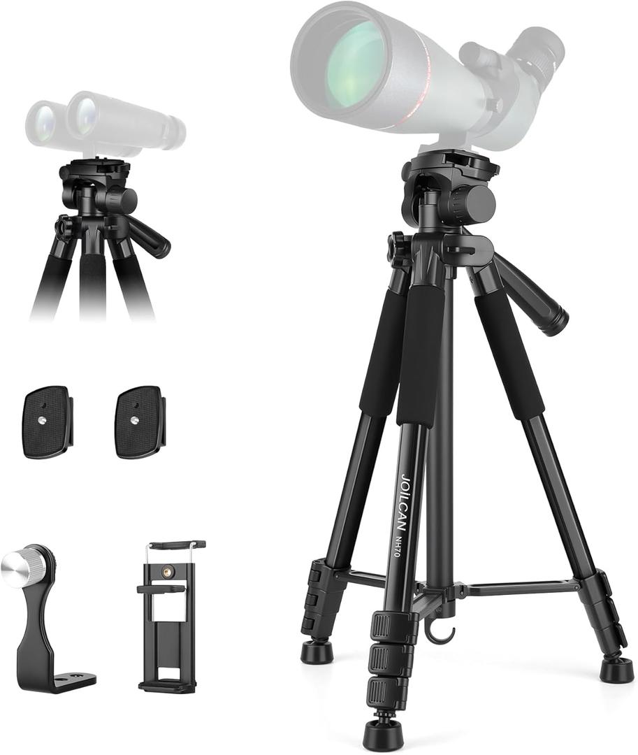 Spotting Scope Tripod, 67" Binocular Tripod with Binocular Adapter, 2 QR Plates, Phone/Tablet Holder & Travel Bag, Compatible with Camera/Phone for Bird Watching, Wildlife Observing (Black)