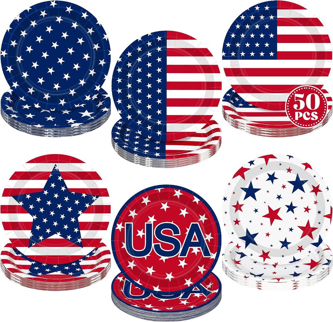 50PCS 4th of July Paper Plates, American Flag Patriotic Plates Supplies | Disposable 9 Inch Red White and Blue Plates Sets, Memorial Day Independence Day Tableware for Fourth of July Decorations