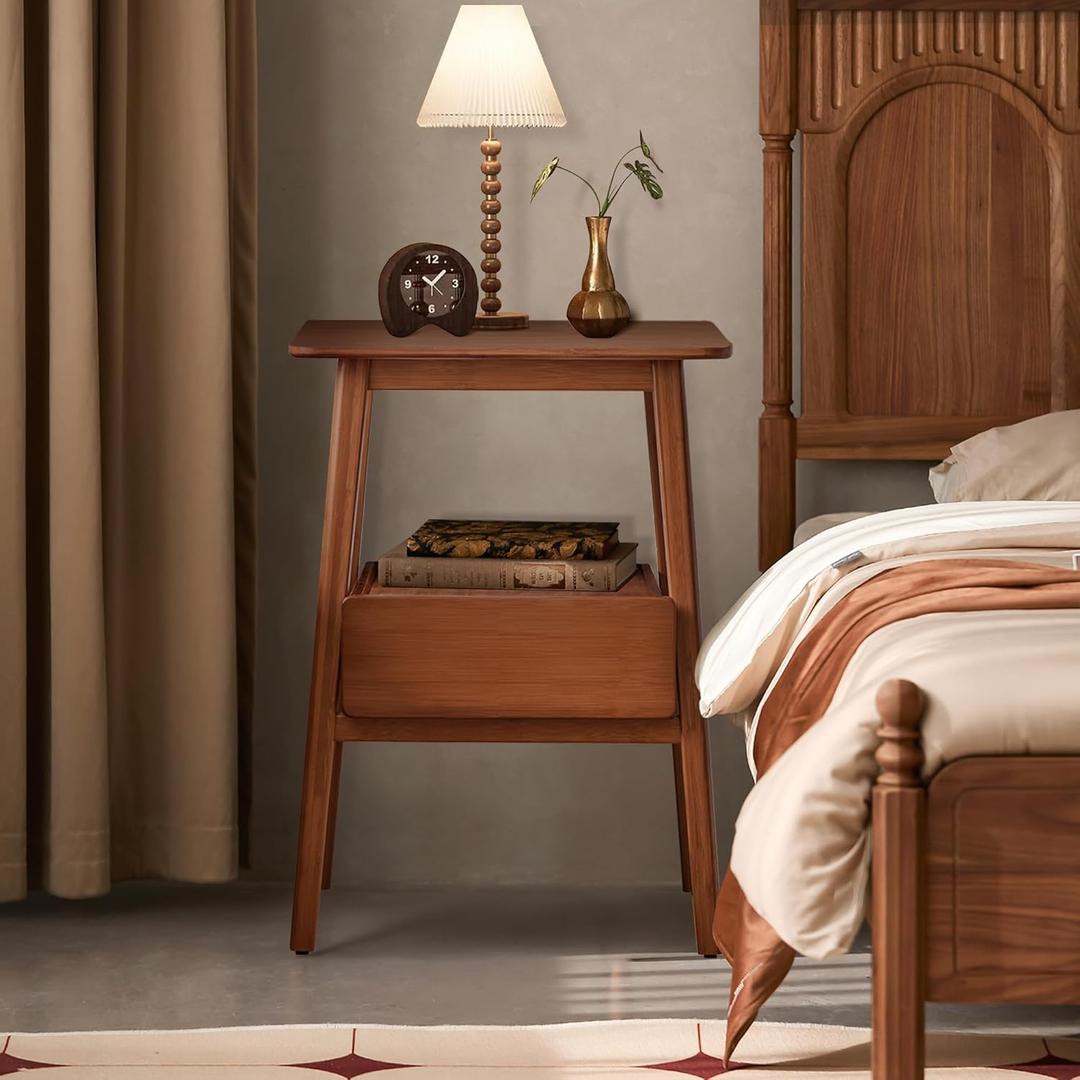 Nightstand with USB Charging Port and Drawers Display Cabinet for Bedroom Bamboo Bedside Tables 21.9x15.8x14.2in Night Stands Bed Side Table (Walnut)