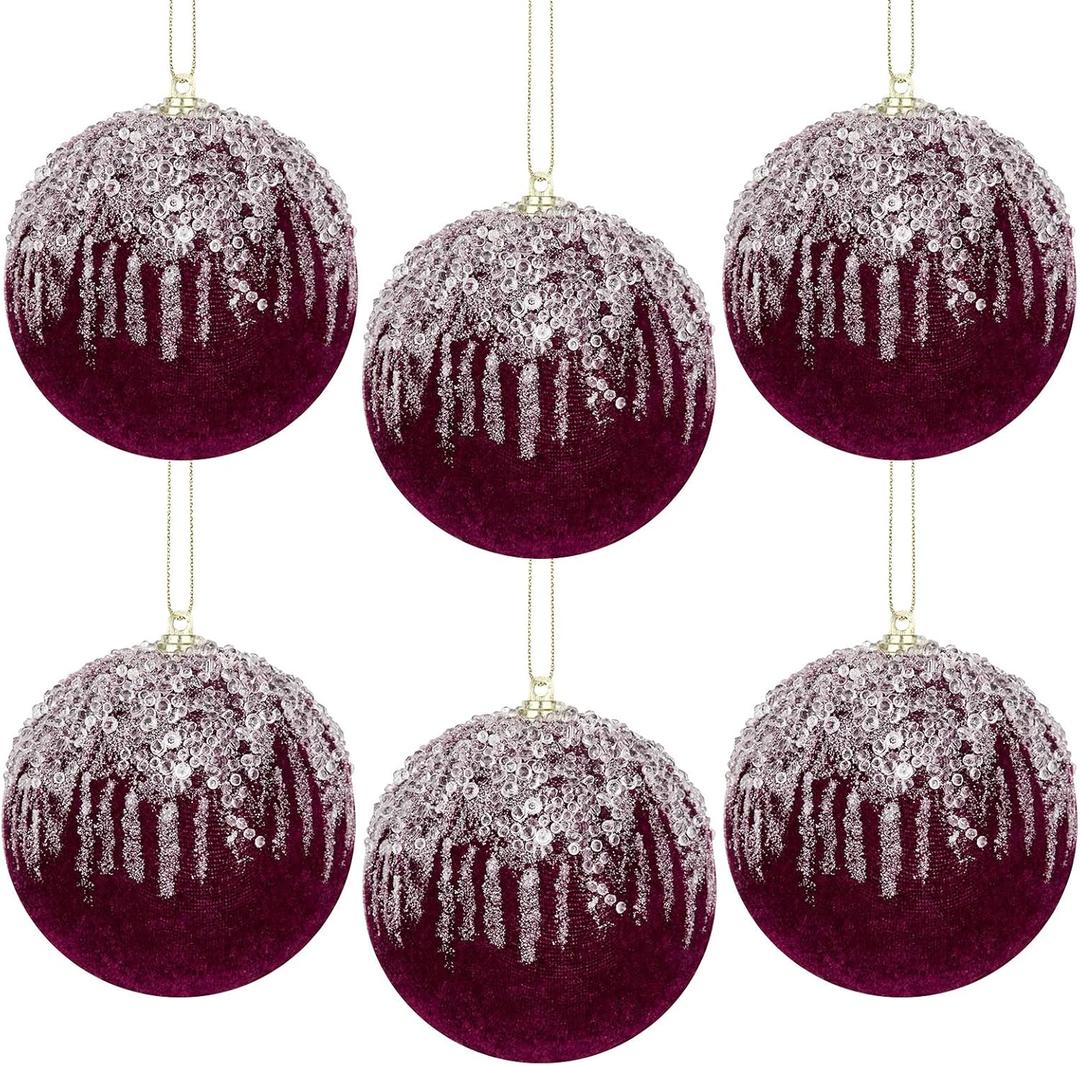 6PCS 4inch Burgundy Red Velvet Christmas Ball Ornaments Set, Glitter Shatterproof Christmas Tree Hanging Ornament Flocked Hanging Balls Xmas Wreath Garland Holiday Wedding Party