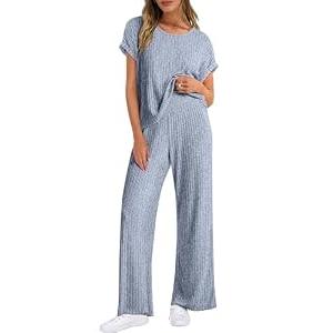 ANRABESS Lounge Sets For Women Summer Rib Knit 2 Piece Pajama Sets 2026 Casual Spring Beach Vacation Outfits Airport Clothes Blue Large