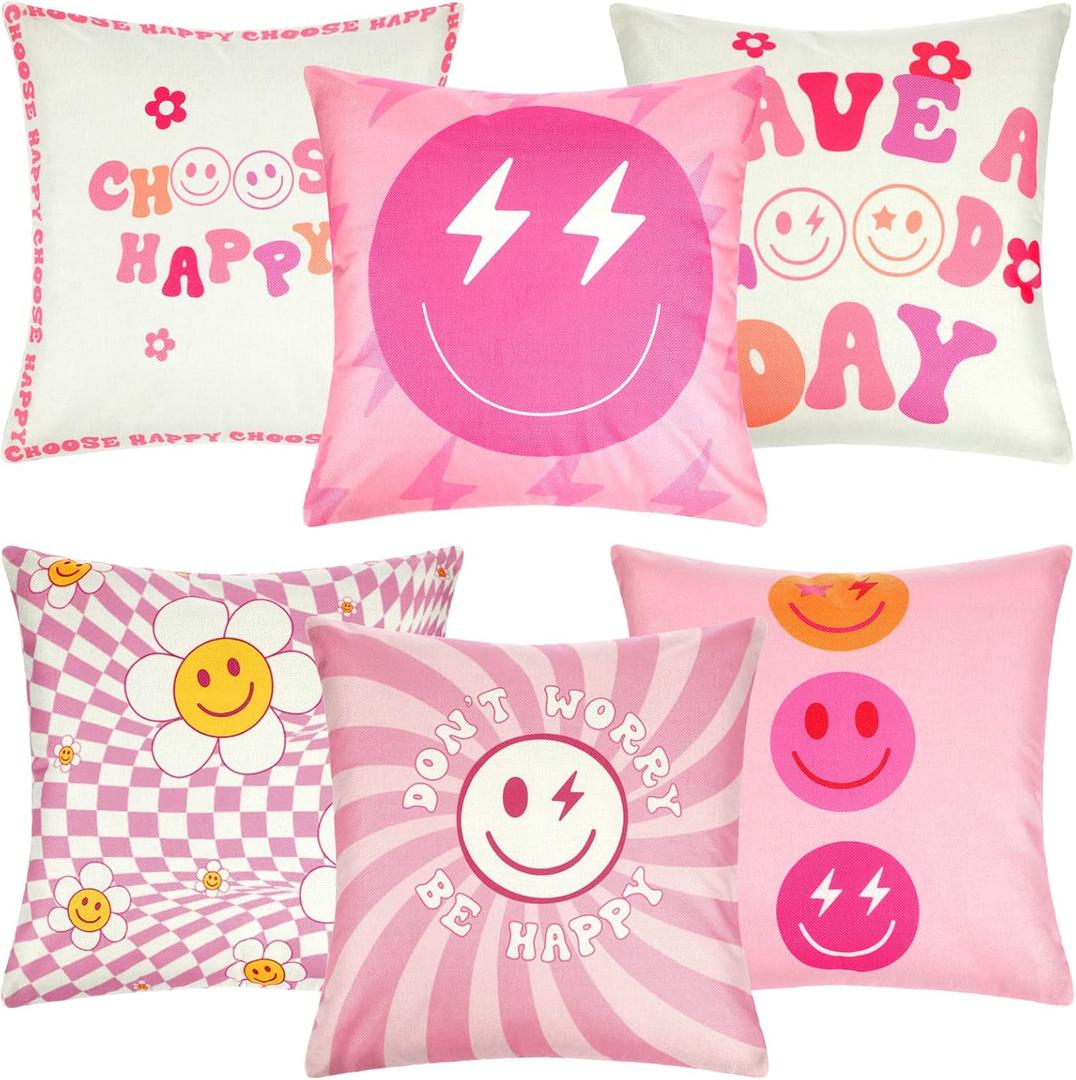 Peryiter 6 Pcs Decorative Preppy Throw Pillows Cushion Covers Cute Aesthetic Pillow Covers Smile Face Room Decor Preppy Stuff Throw Case for Bedroom Home, 18 x 18 Inch