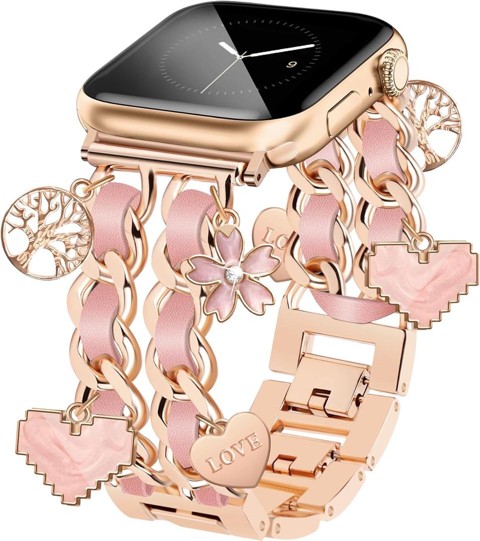 Rose Gold Watch Bands for Women Compatible with Apple Watch Band 38mm 40mm 41mm 42mm (S11/10) Adjustable Unique Charms Metal Strap Cowboy Chain Bracelet for iWatch Series 11/10/9/8/7/6/5/4/3/2/1/SE