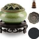 Ceramic Incense Burner with Lotus Incense Holder, Multi-Functional Incense Burner Holder for Incense Sticks, Coil Incense and Cones, Perfect Home Decor (Green)
