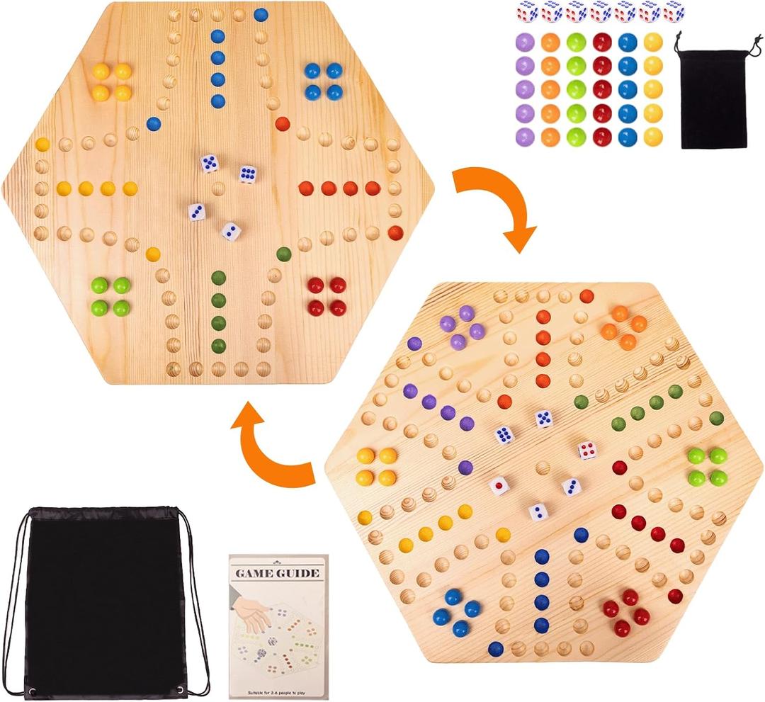 Marble Board Game,Set:1 Board+30 Marbles+7 Dice+1 Storage Bag+1 Shoulder Bag,6 Colors,Fast Track Wahoo Board Game,2 in 1 Board for 4-6 Players,Portable,Perfect for Family Party