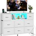 Simple Deluxe TV Stand Dresser with 8 Fabric Drawers and Open Shelves, Entertainment Center with LED Lights & Charging Station, Wood Top for 45" -55" TV, for Bedroom/Living Room/Hallway, White
