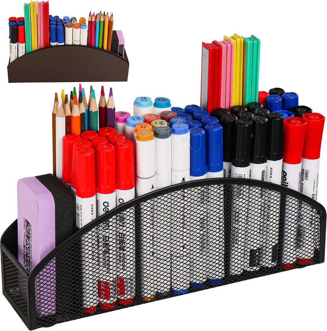 Large Magnetic Marker Holder, Heavy Duty Magnetic Whiteboard Organizer, 5 Slots Mesh Metal Magnetic Dry Erase Marker Holder Pencil Cup Caddy for Whiteboard Fridge Office (Black)