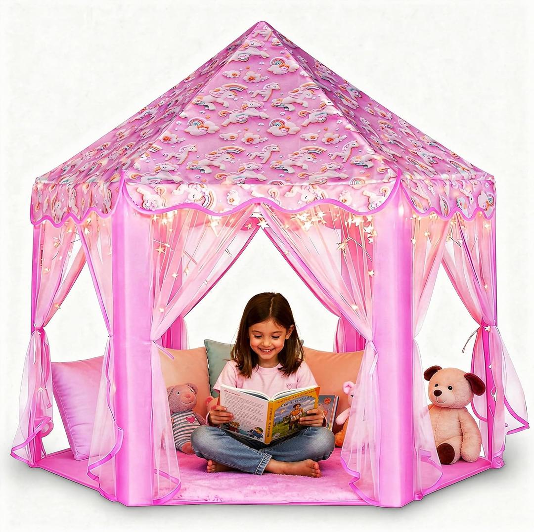 Lafyette. Princess Tent for Girls, Large Kids Playhouse Castle Play Tent with Star Lights, Indoor Outdoor Playhouse for Children, Fun Toy Tent for Girls Boys Toddlers, Playroom Birthday Gift