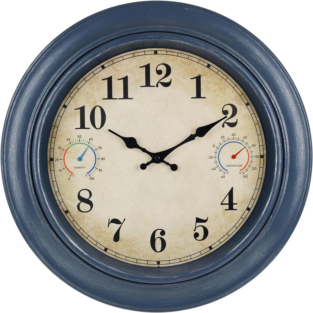 18 Inch Large Outdoor Wall Clock with Thermometer & Hygrometer, Waterproof Retro Blue Garden Clock for Patio, Pool, Backyard, Farmhouse Decor, Silent Non-Ticking