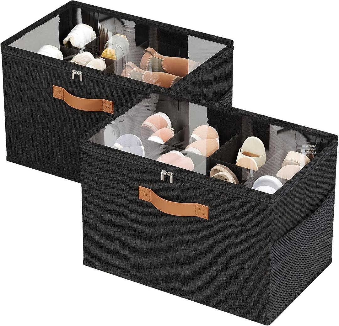 IMAXTOP 2 Pack Shoe Organizer for Closet,Foldable Shoe Storage Organizer with Adjustable Dividers, Shoe Storage Box with Clear Cover, Fits up to 16 Pairs, Black