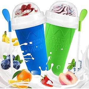 Slushie Cup, 2 Pack Slushy Maker Cup, Frozen Magic Squeeze Cups for Juice Milk Yogurt Ice Cream Make, DIY Smoothie Cooling Cup with Lid & Straw for Kids Friends Family (Yellow+Green)