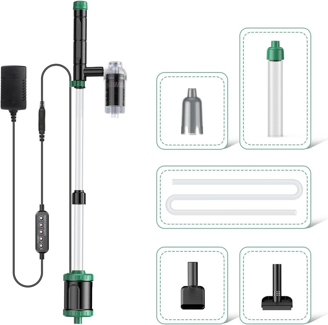 AKKEE Aquarium Vacuum Gravel Cleaner, 8 in 1 Multifunctional 36W Fish Tank Gravel Cleaner Vacuum for Water Changer Wash Sand Water Filter Circulation Waterproof Aquarium Vacuum Cleaner Timed Off (Green)