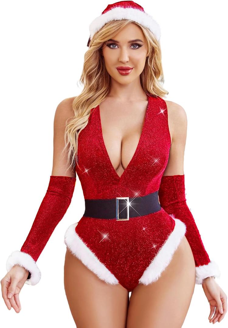Avidlove Women Christmas Lingerie Bodysuits Sexy Deep V Plunging Teddy with Christmas Hat and Fingerless Gloves (Medium)