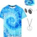 Hippie Costume for Men 60s 70s Colorful T-Shirt Outfits 4 PCS Accessories Set for Theme Party (X-Large, Blue)