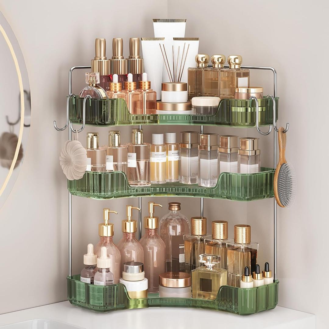 3-Tier Green Corner Organizer, PET Counter Storage with Hooks | Multi-Surface Organizer for Bathroom Vanity & Kitchen Countertop
