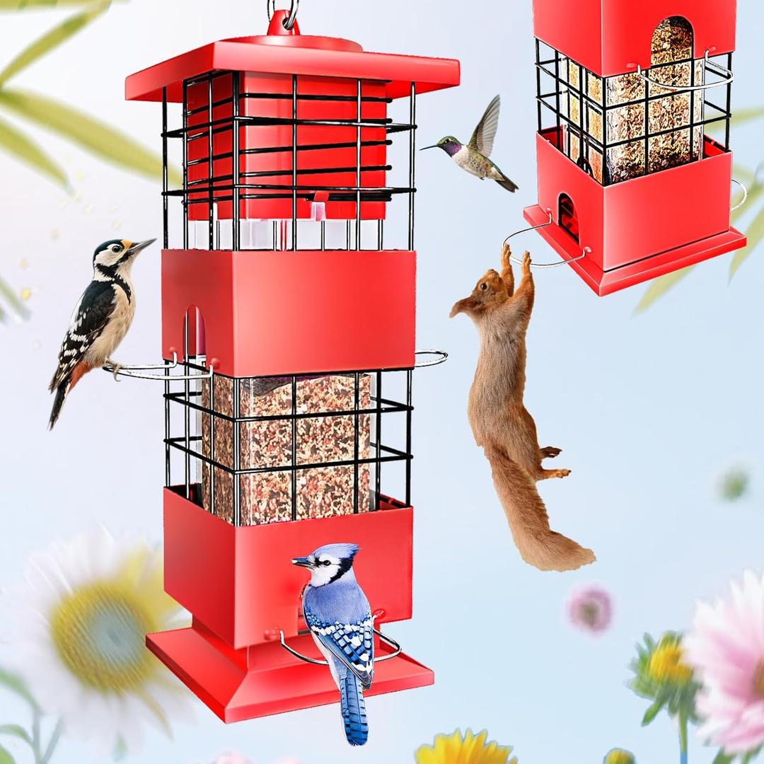 Squirrel Proof Bird Feeder,3Lbs Bird Feeders for Outdoors Hanging, Metal Birds Feeder with 4 Feeding Ports, Wild Birds Feeder for Cardinal, Finch, Sparrow (Red)