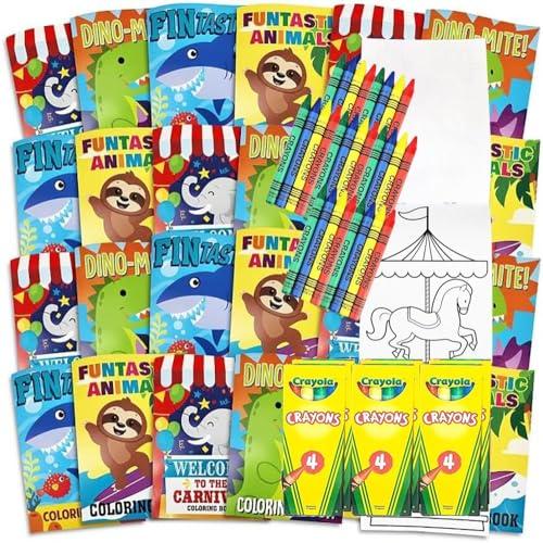 24 Mini Coloring Books & 24 Crayons, Bulk Coloring Books For Kids 5 X 7 Inch, Party Favors, Goody Bags, Stocking Stuffers Kids Activities - 24 Books & 24 Crayons.