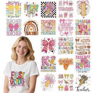 Teacher DTF Transfers Ready to Press - 20 Sheets Last Day of School Iron on Transfers Stickers Back to School T-Shirts Pink Bow Iron on Decals Patches for Backpacks Jeans DIY Costume