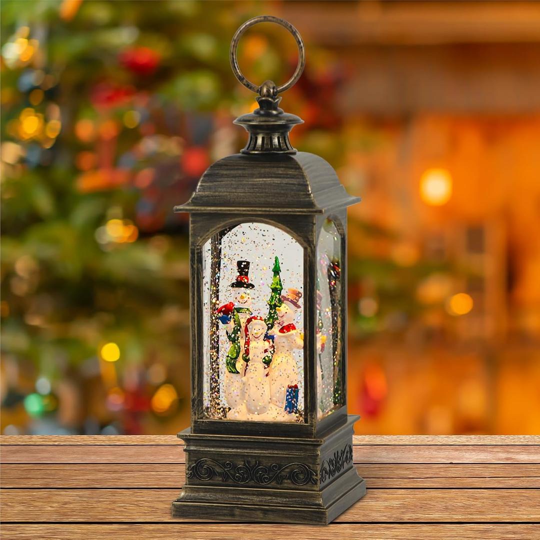 Lasumora Christmas Snow Globe Swirling Glittering Snowman Scene with Timer & Music, Lighted Water Lantern USB Lined/Battery Operated for Christmas Festival Decoration Gifts - 11.4 inch