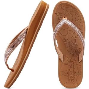 ONCAI Women's Flip Flops with Rhinestone, Arch Support Yoga Mat Comfort Walking Summer Beach Thong Sandals with Plantar Fasciitis Rubber Soles US Size 6-8