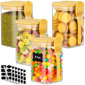 Glass Jars with Bamboo Lids and Spoon - 4 Pack 18 Fl.oz Square Glass Jars with Airtight Lid, Includes Labels and Marker, Pantry Storage Container for Overnight Oat, Salad, Sugar Tea Canister