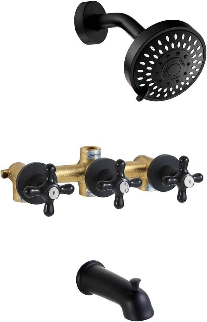 3 Handle Shower Faucet Set with Tub Spout Matte Black Tub and Shower Trim Kit Bathtub Shower Faucets Completes Three Knod