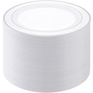 PULOTE 100PCS Silver Plastic Plates - 10 Inch Heavy Duty White with Silver Trim Plastic Dinner Plates Disposable for Dinenr, Party, Wedding & Christmas