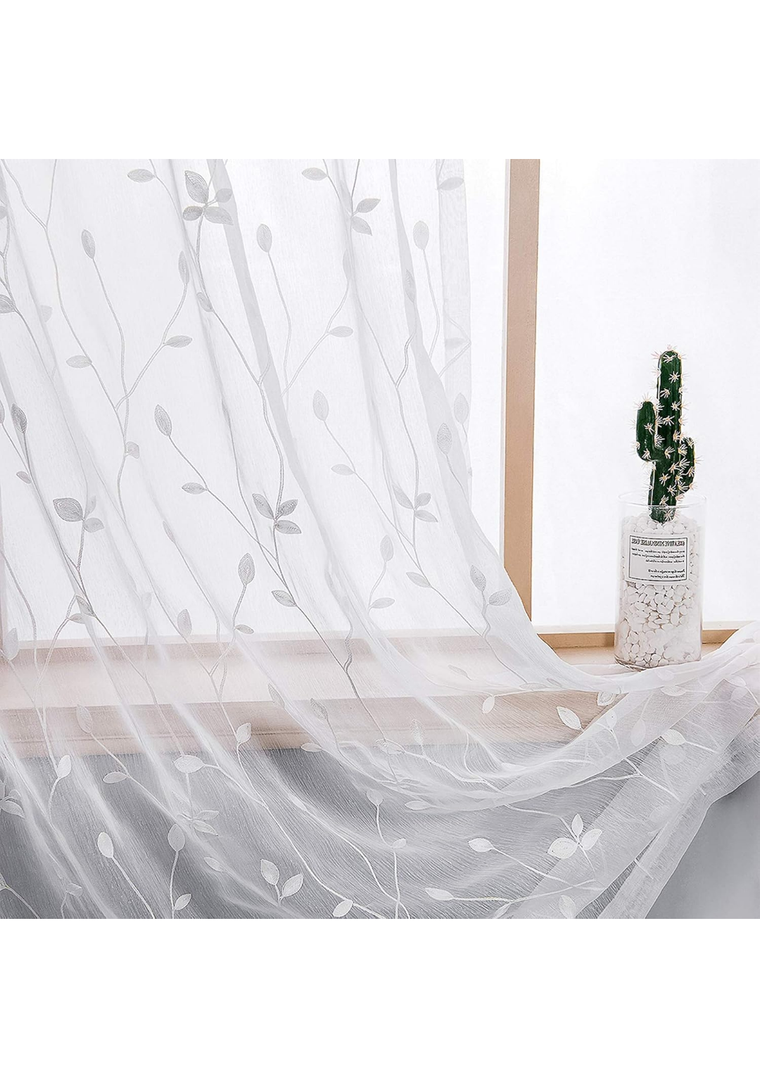 AmHoo 1 Panels Embroidered Leaf Pattern Semi Sheer Curtains Foliage Floral Voile Window Draperies Treatment for Bedroom Living Room Rod Pocket White 53 x 84 Inch