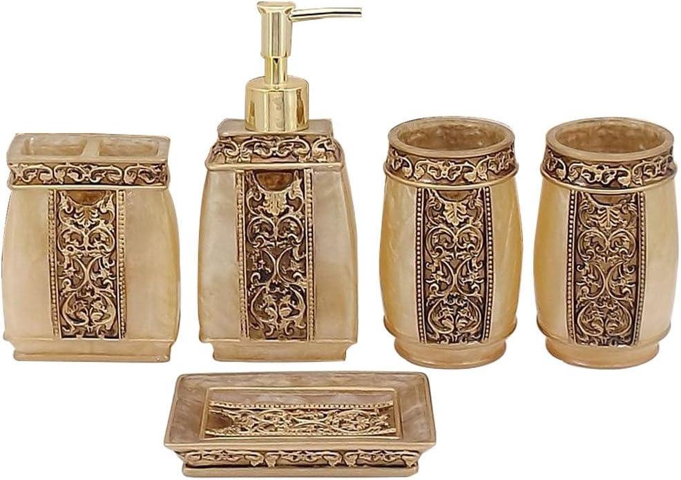 LUANT 5 Piece Bathroom Accessories Set, Collection Bath Set Features Soap Dispenser, Toothbrush Holder, Tumbler, & Soap (Golden