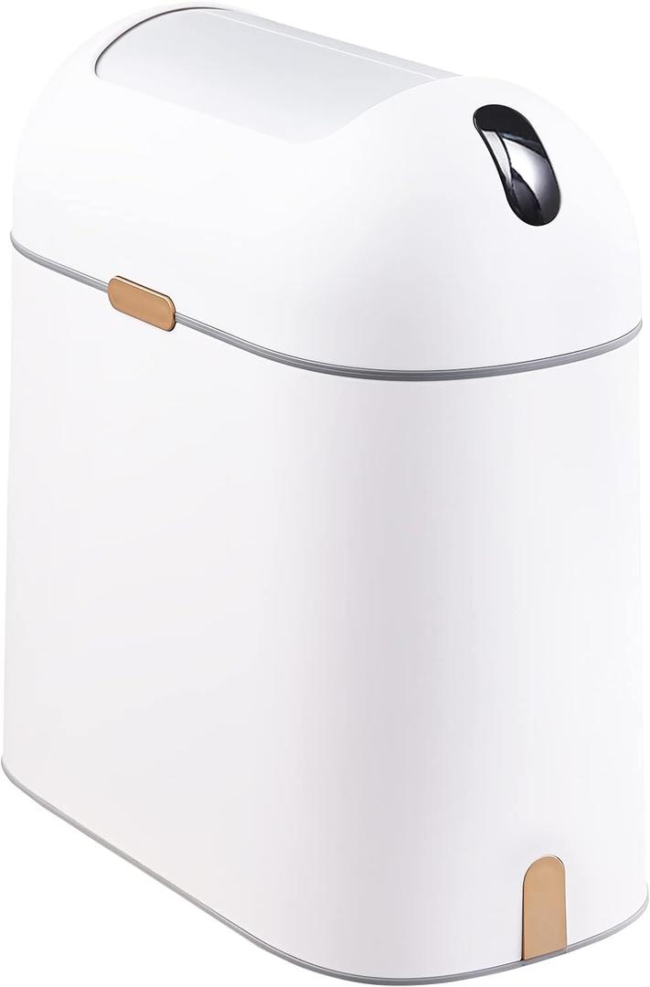 ELPHECO Bathroom Trash Can, 2.5 Gallon Motion Sensor Waterproof Trash Bin with Butterfly lid, Bathroom Decor Waste Basket Garbage Bin for Bedroom Kitchen and Office use, White with Golden Button