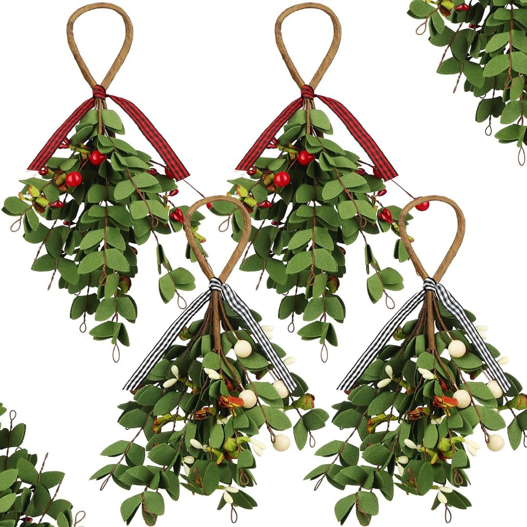 XunYee 4 Pieces Christmas Mistletoe Ornaments Artificial Mistletoe Branches Decor Decorative Mistletoe Decoration Hanging Red and White Berry Picks for Home Christmas Handmade Party Decorations