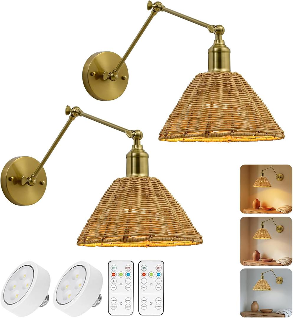 Battery Operated Wall Sconce 2 Pack, Gold Simple Rattan Wall Sconce, Adjustable Brightness, Modern Furniture Decorative Lighting for Kitchen Island, Living Room, Bedroom (Long arm - gold)