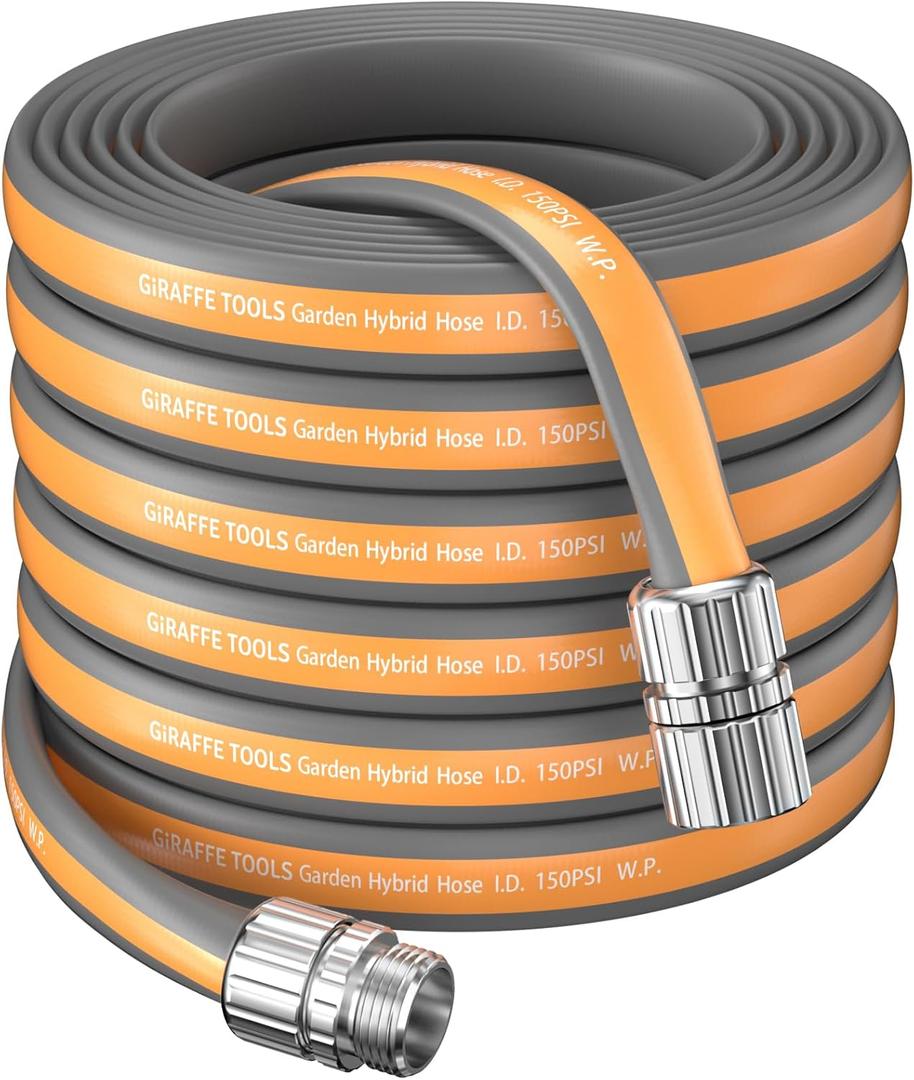 Giraffe Tools Garden Hose 100FT, 5/8" Lightweight Lay Flat Water Hose, Custom Length, Flexible, Leakproof Hybrid Hose Pipe with Male to Female Fitting (Grey and Orange)