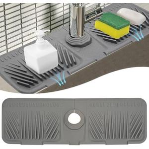 Qinthory Silicone Faucet Mat for Kitchen Sink, Perfect Valentine’s Day Gift, Sink Protector Splash Guard Drip Catcher Tray, Soap Sponge Holder Drying Mat, Fits Faucet Base 2.3in (Gray) 2 Pack