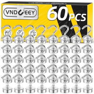 VNDUEEY 60 Pack Strong Magnetic Hooks, 25Lbs Magnet Hooks Heavy Duty, Metal Magnetic Hooks for Hanging, Magnetic Hook for Cruise, Kitchen, Garage, Classroom, and Office (Silver)
