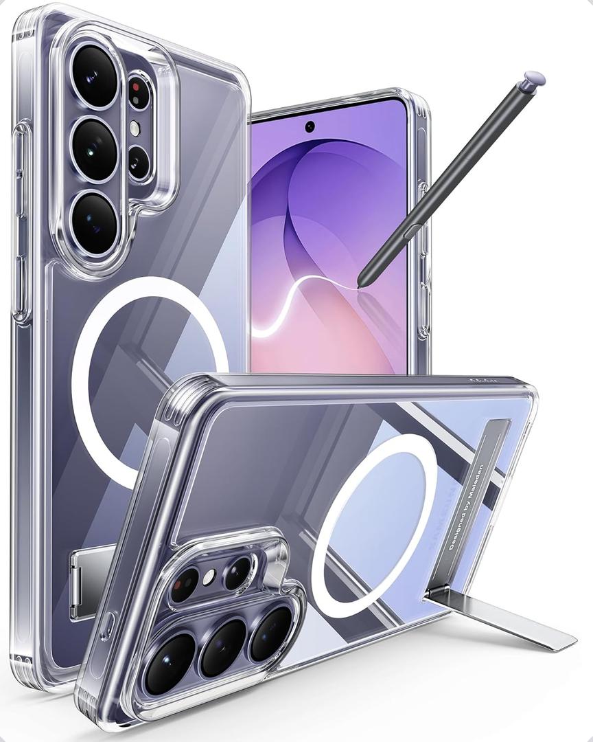 Maledan for Samsung Galaxy S26 Ultra Case with Built-in Phone Stand, Magnetic Shockproof Camera Protection Case for Galaxy S26 Ultra 6.9", Magsafe Compatible Kickstand, Anti-Yellowing Crystal Clear