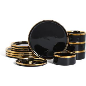 Christian Siriano Solene Stoneware Dinnerware, 12-Piece Plates and Bowls Set, Dish Set for 4, Black with Gold Rim, Glossy Finish, Hand Wash Only