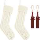 2Pack Personalized Christmas Stockings - 18 Inch Large Cable Knitted Xmas Hanging Stockings with DIY Wooden Name Tags for Family Holiday Decor (White)