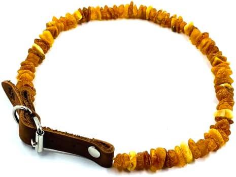 Amber Collars for Dogs & Cats - Baltic Amber Dog & Cat Collar with Adjustable Leather Strap - Raw Knotted Amber Beads (50-55cm)