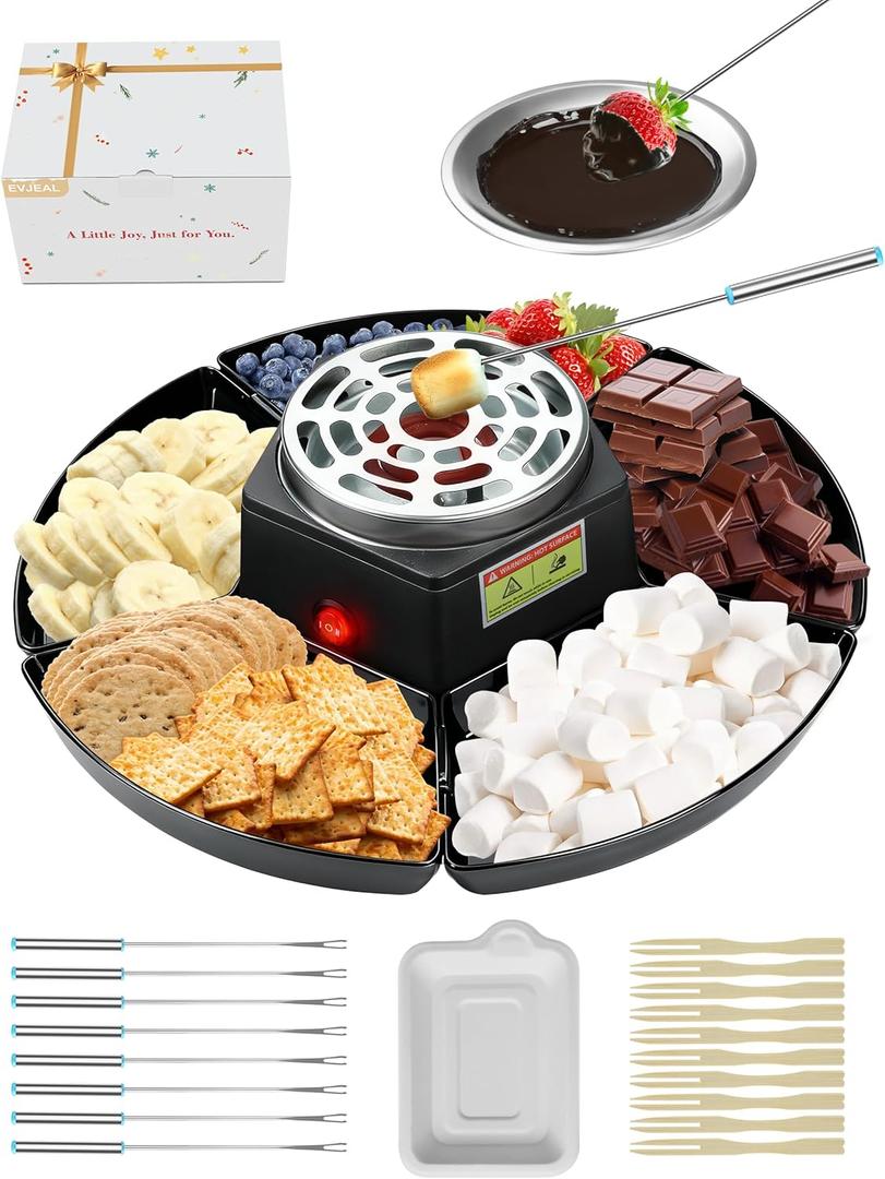 Smores Kit Roaster & Fondue Set with Temperature Control  Electric Chocolate Melter for Indoor Marshmallow Roasting, Date Nights, Movie Nights, Party Snacks & Couple Gifts (Gift Box Included) (Black)