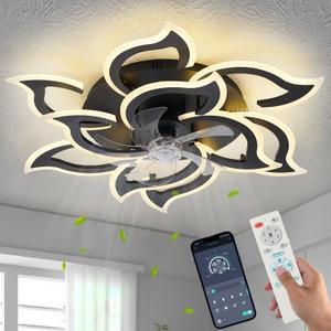 38" Black Geometric Ceiling Fan with Lights, 6 Speeds Flower Low Profile Flush Mount Ceiling Fan for Living Room