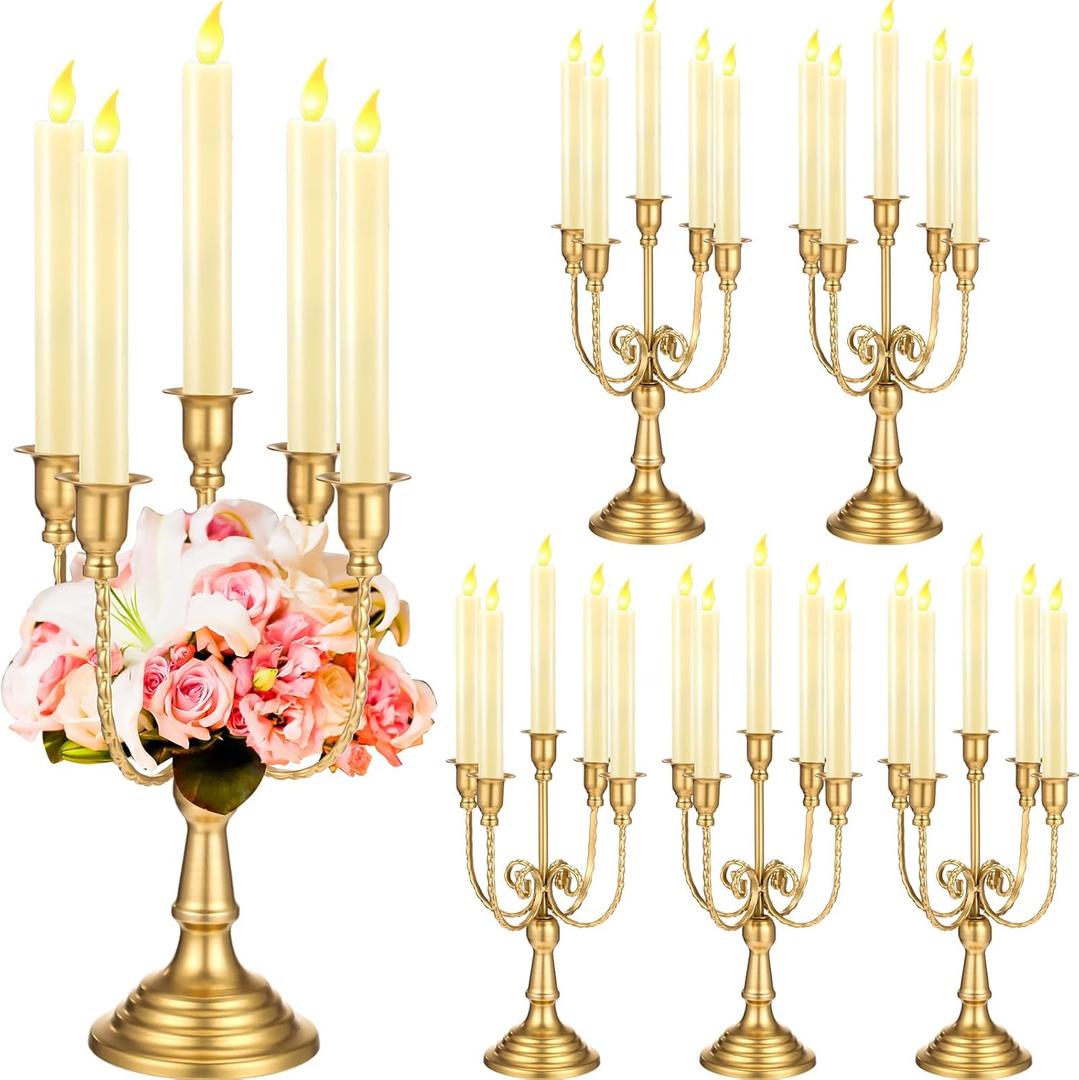 Hushee 6 Pcs Gold Candelabra Candle Holders 5 Arm 12" Metal Candlestick Holder Gold Candelabra Centerpieces for Tables Wedding Holiday Birthday Party Event Reception Decor