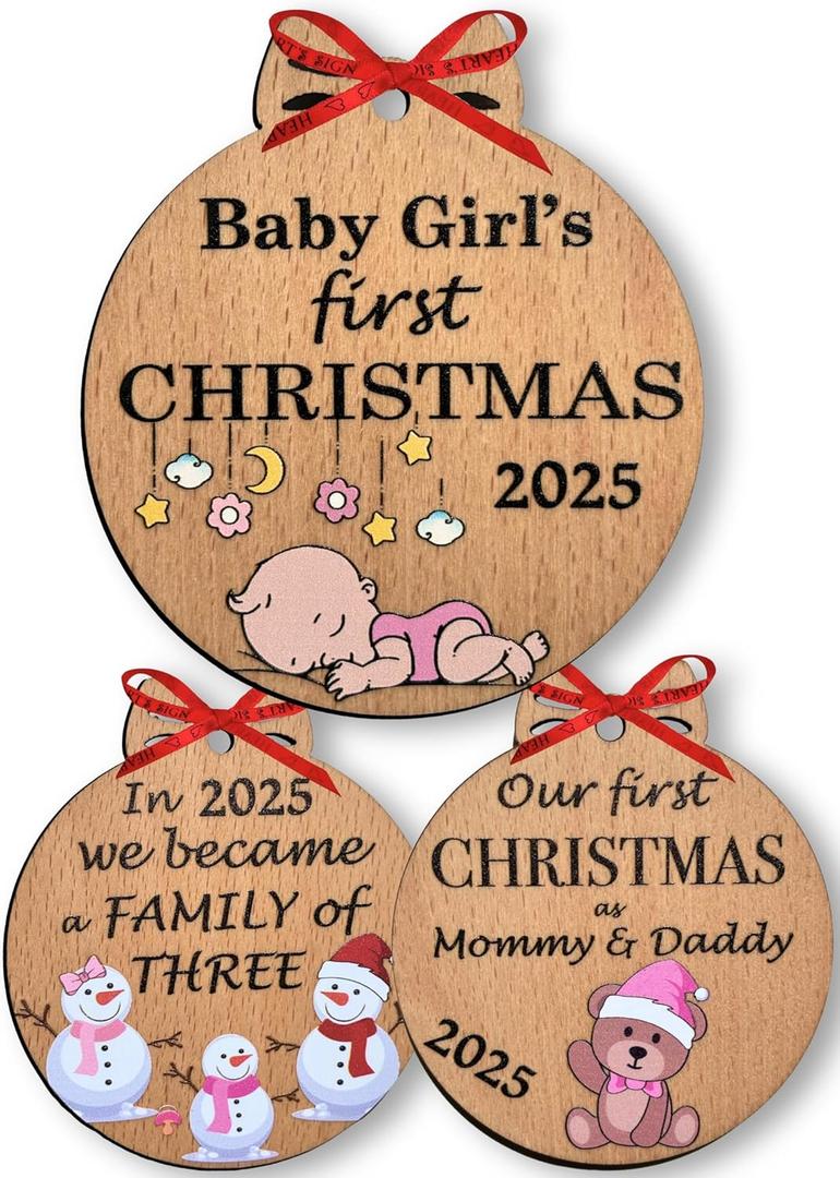 Heart's Sign Babys First Christmas Ornament 2025 Girl | Baby Girl 1st Christmas 2025 | Our First Xmas as Family of Three Ornament