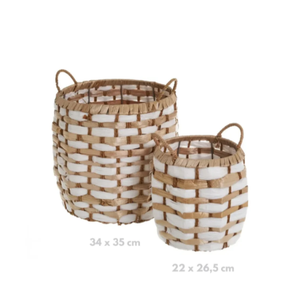 Set of 2, White Rattan Basket with Handles, 11" and 7" 