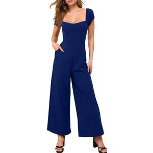 Womens Jumpsuit Dressy Casual Cap Sleeve Square Neck Wide Leg Long Pant Rompers With Pockets (Small, Royalblue)