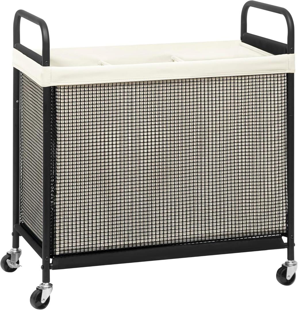 STORAGE MANIAC Rolling Laundry Hamper with Wheels 3-Section Laundry Sorter Rolling Laundrys Basket on Wheels with Removable Bag Clothes Hamper Laundrys Organizer Cart Bathroom Bedroom 120L Beige