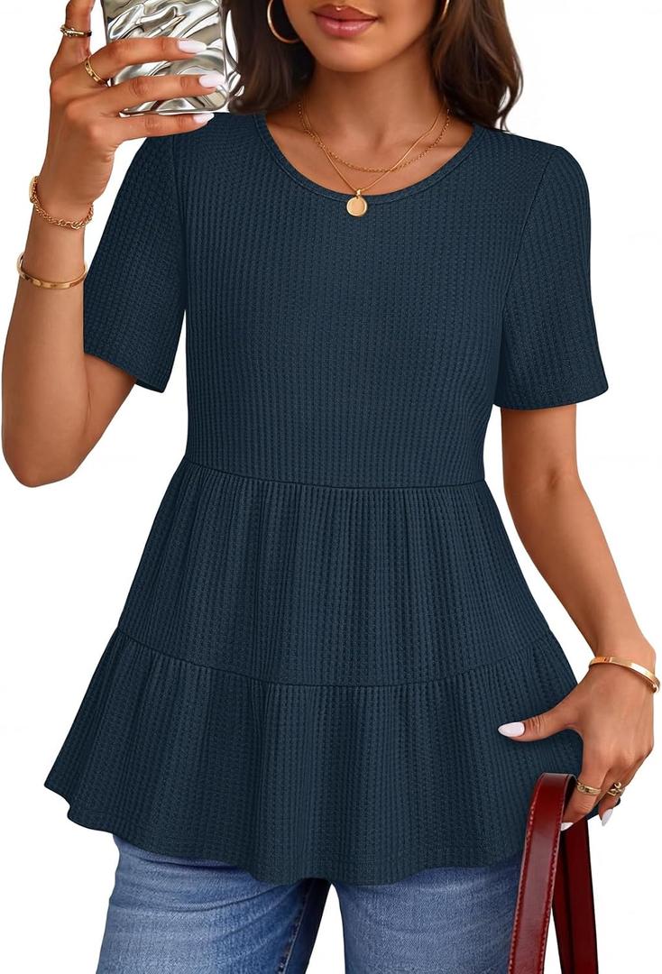 MEROKEETY Women's 2026 Summer Spring Tunic Babydoll Tops Short Sleeve Waffle Knit Shirts Casual Loose Peplum Blouses (Blue, S)