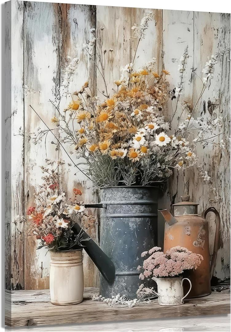 Rustic Farmhouse Daisy Floral Canvas Wall art Vintage Neutral Country Painting Picture Wall Decor Flower Still Life BotanicalPoster Print Artwork for Bathroom Living Room Bedroom Home Decoration (16Lx12W)