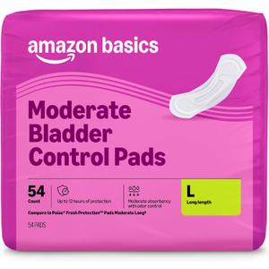 Amazon Basics Incontinence Pads for Women, Postpartum, Long, Bladder Control, Moderate Absorbency, Unscented, 54 Count 1 Pack