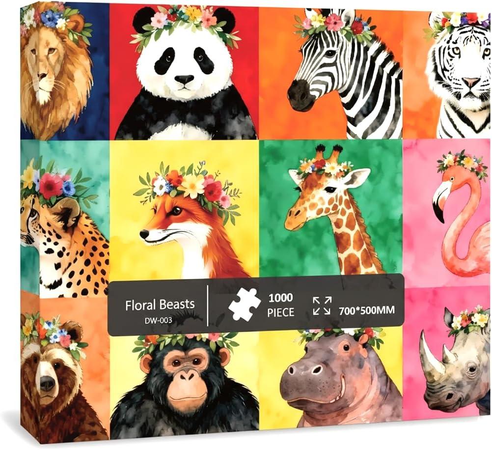 1000 Pieces Jigsaw Puzzles for Adults, Animal Series - Detailed Wildlife Art, Educational Family Game, Large 28" x 20", Great Gift for Animal Lovers & Home DecorFloral Beasts